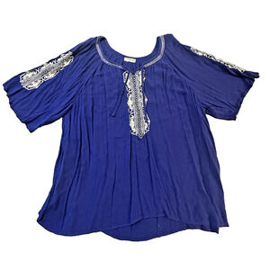 Catherines Women’s 2X Boho Embroidered Peasant Tunic Top Blue White Flowy
